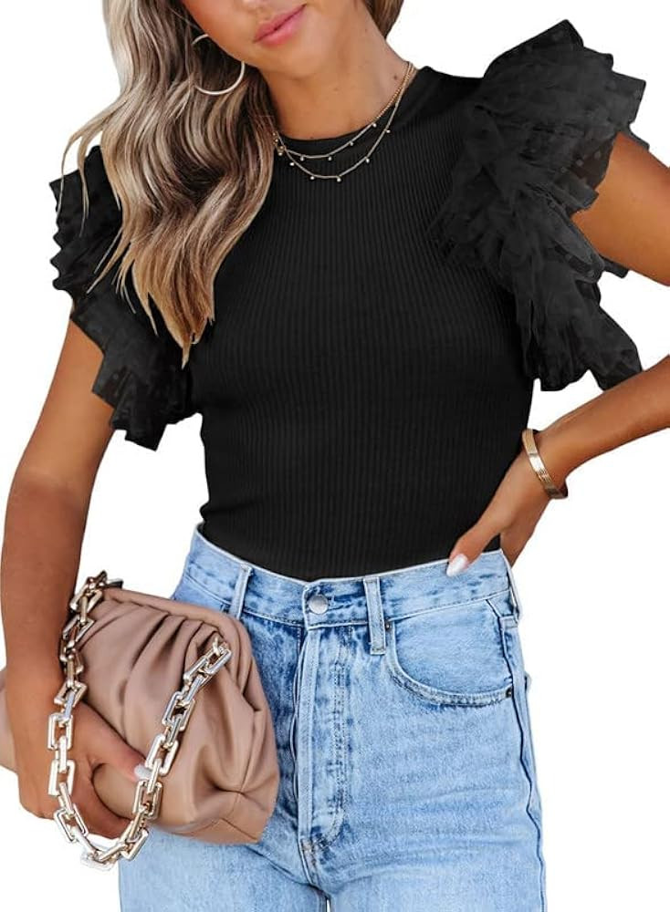 Womens Ruffle Short Sleeve Tops Summer Casual Crew Neck Tops T Shirts | Amazon (US)