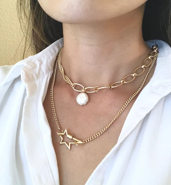 Star Carabiner Necklace - Star Necklace, Thick Link Necklace, Screw Clasp Necklace, Layering Jewe... | Etsy (US)