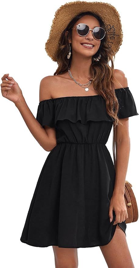 SOLY HUX Women's Off Shoulder Short Sleeve Flounce Ruffle Trim A Line Dress | Amazon (US)