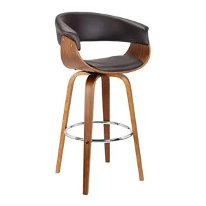 Julyssa 30" Swivel Barstool in Brown Faux Leather with Walnut Wood | Homesquare