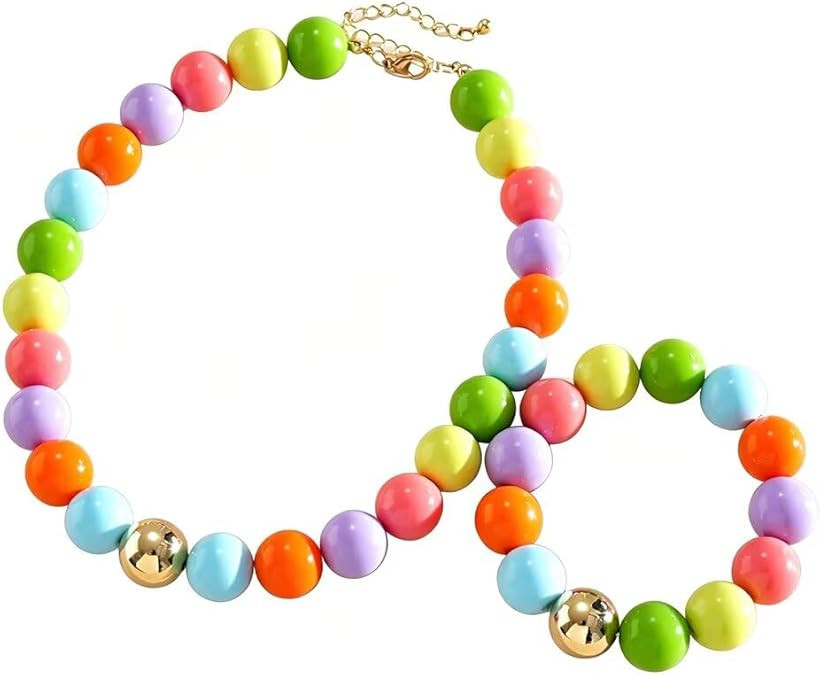 Women's 2Pcs Colorful Acrylic Beaded Choker Necklace Bracelets Set Boho Round Bead Stackable Jewe... | Amazon (US)