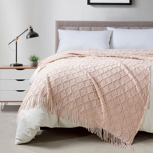 BOURINA Pink Throw Blanket 50 x70 Inches Jacquard Argyle Throw Textured Solid Soft Throws and Blankets for Sofa or Bed Knitted Decorative Blanket | Amazon (US)