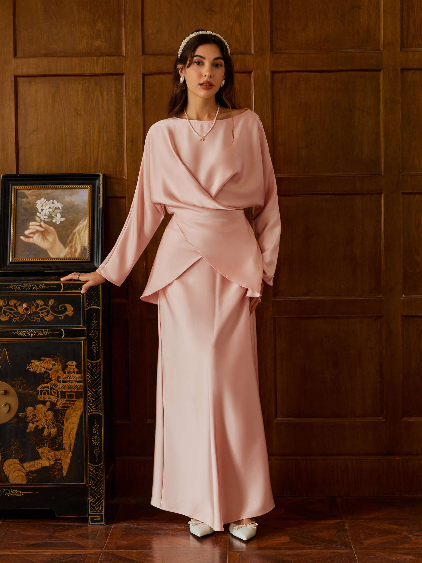 Satin Boat Neck Asymmetrical Hem Top & Maxi Skirt Set | Cider