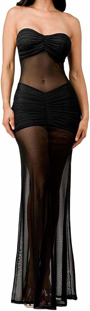 Sexy Sheer Mesh Dresses for Women See Through Bodycon Maxi Dress Outfits Club | Amazon (US)