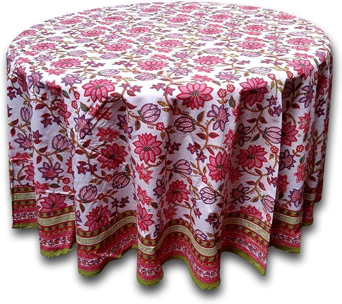 Floral Tablecloth for Round Tables Pink Red Green White Cotton Floral Kitchen Table Linen Round 9... | Amazon (US)