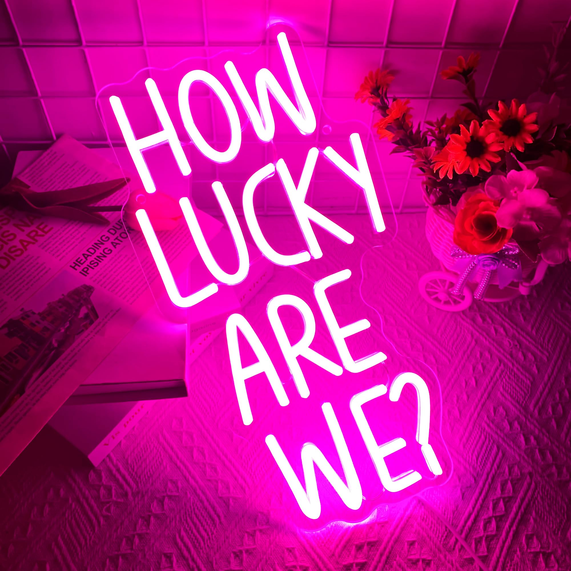 How Lucky Are We Neon Sign, Dimmable LED Pink Anniversary Quote Neon Sign, Motivational Wall Deco... | Amazon (US)