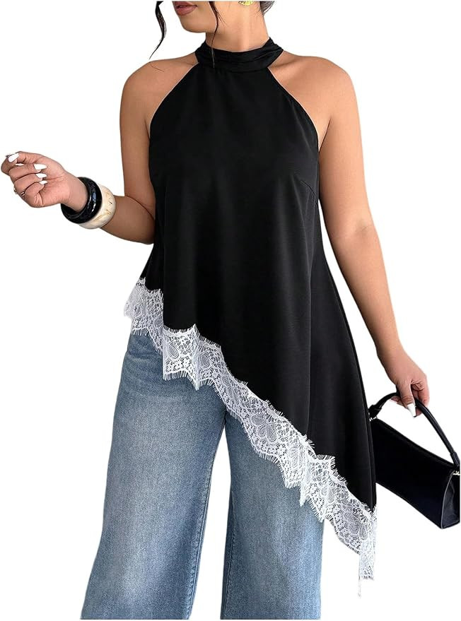 SweatyRocks Women's Plus Size Lace Satin Asymmetrical Halter Tops Summer Sleeveless Mock Neck Goi... | Amazon (US)