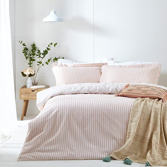 furn. Yard Hebden 100% Cotton Stripe Duvet Cover Set \u2013 Reversible Striped Bedding (Blush, Do... | Amazon (UK)