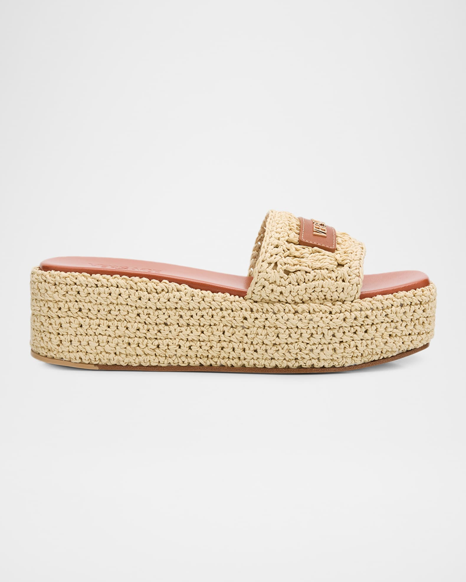 55mm Logo Tag Raffia Platform Sandals | Neiman Marcus