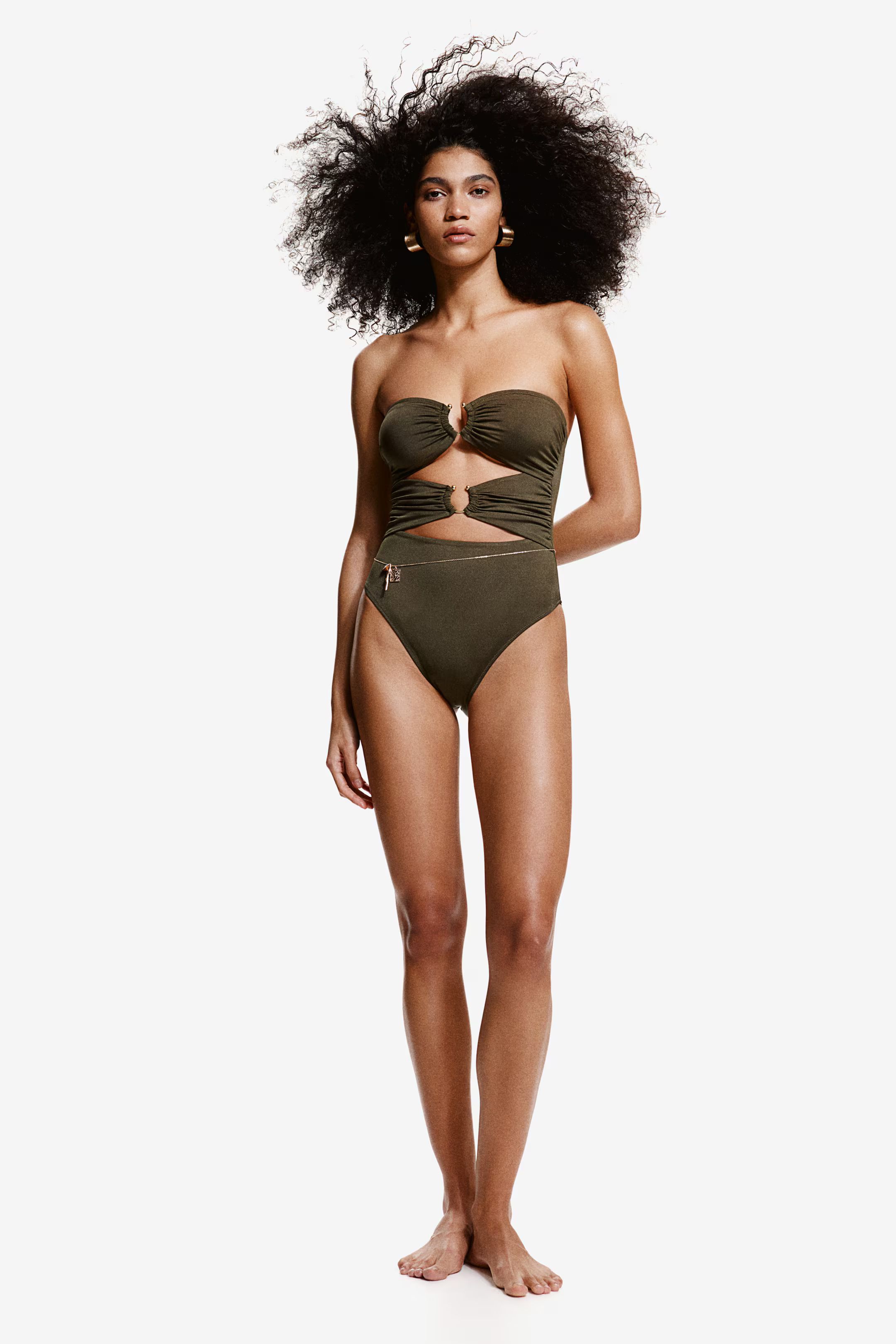 Padded-cup High-leg bandeau swimsuit - Sleeveless - Dark khaki green - Ladies | H&M GB | H&M (UK, MY, IN, SG, PH, TW, HK)