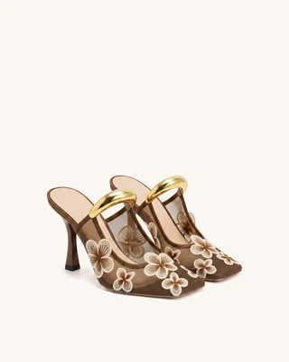 Mireille Pierced Floral Embroidered Appliqué Mesh Mules - Brown | JW PEI US