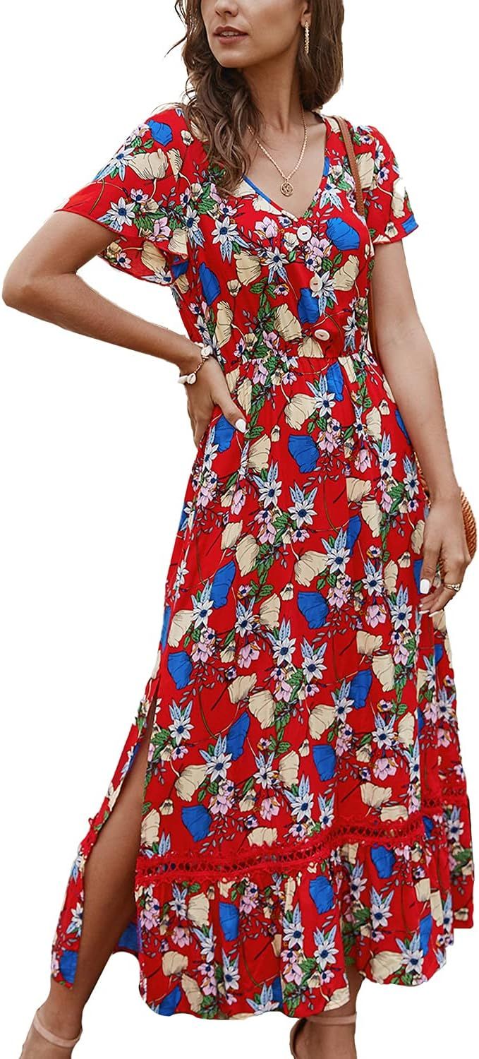 BROVAVE Womens Summer Casual Short Sleeve Floral Print Bohemian V Neck Flowy Midi Maxi Dress with... | Amazon (US)