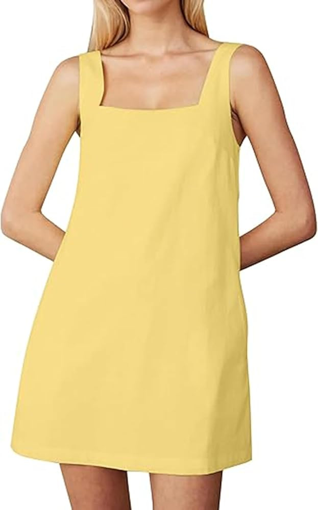 Womens Sleeveless Linen Mini Dress Casual Square Neck Backless Short Dresses Solid Summer Tank Sh... | Amazon (US)