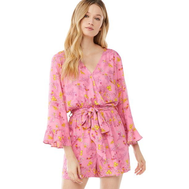 Scoop Women's Tie Waist Romper with Ruffle Sleeves | Walmart (US)