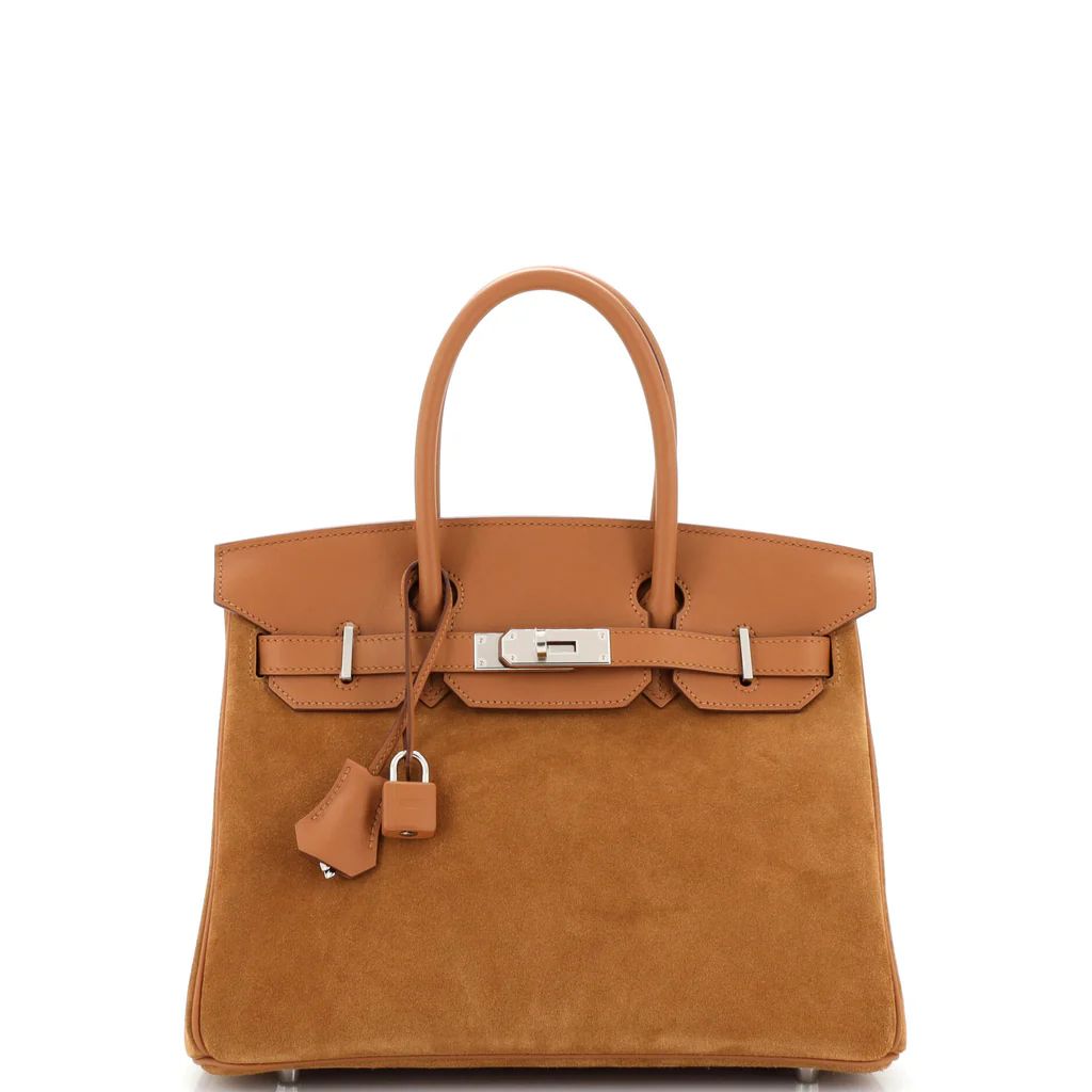 Grizzly Birkin Handbag Brown Doblis Suede with Swift with Palladium Hardware 30 | Rebag