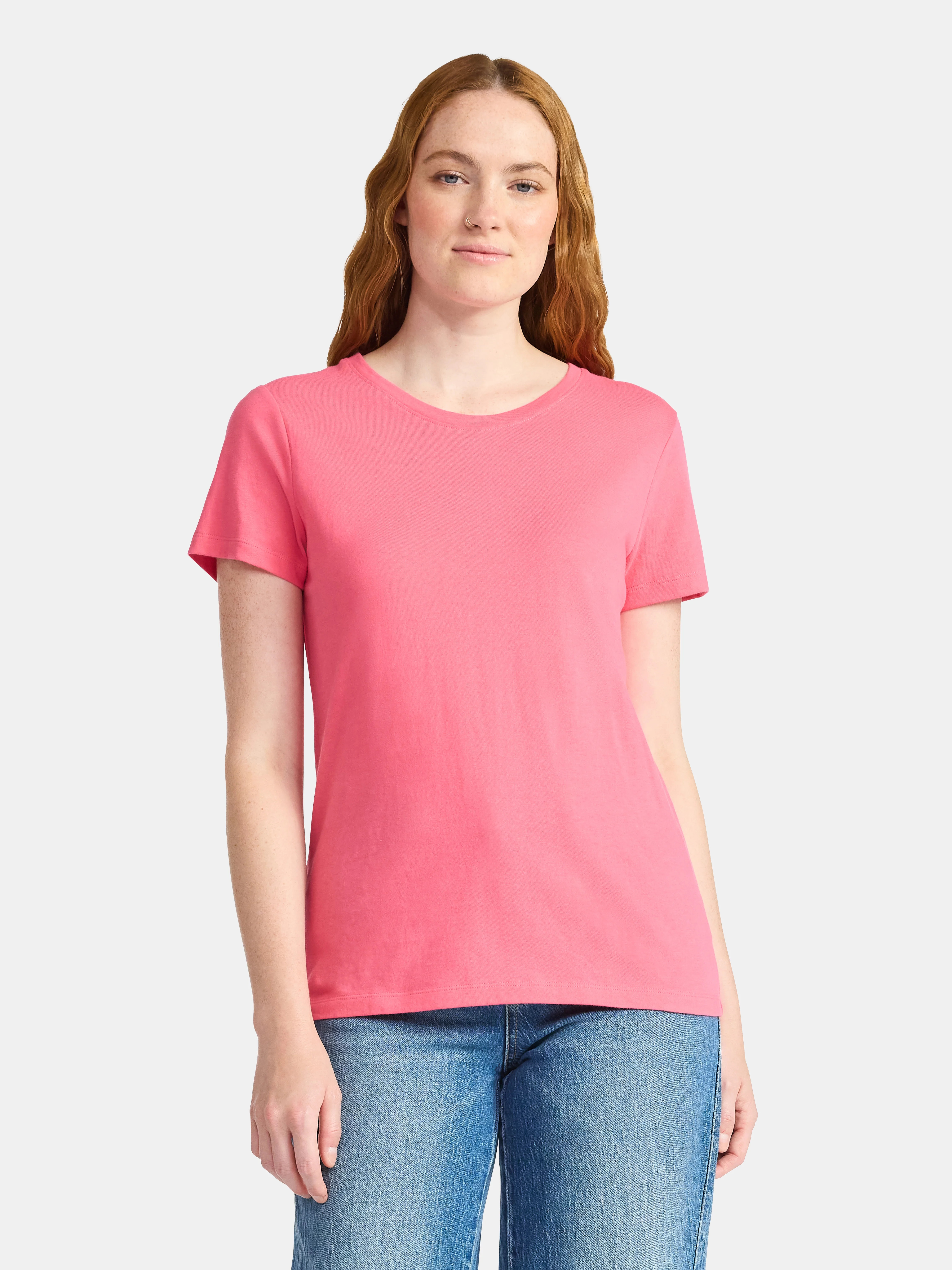 Time and Tru Women's Cotton Crewneck Tee with Short Sleeves, Sizes XS-XXXL | Walmart (US)