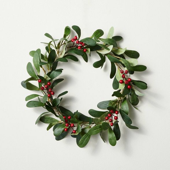 12.5" Mini Faux Mistletoe Plant Wreath with Red Berries - Hearth & Hand™ with Magnolia | Target