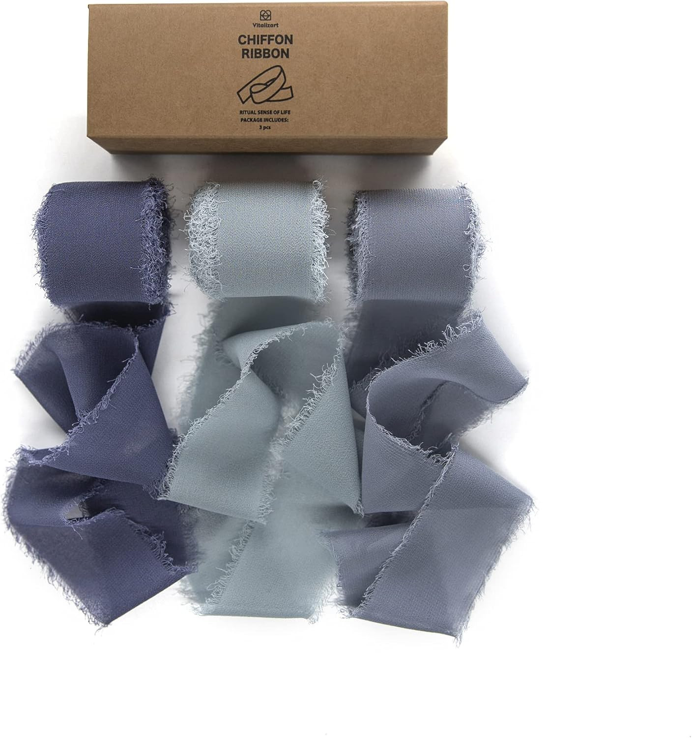 Vitalizart 3 Rolls Handmade Fringe Chiffon Silk Ribbon Gauze 1.5" x 7Yd Dusty Blue Ribbons Set fo... | Amazon (US)