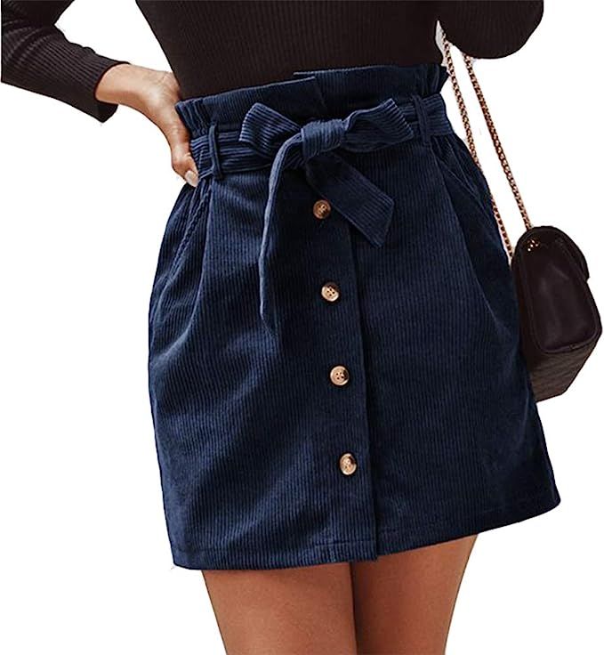 Susupeng Women Paperbag High Waist Elastic Belted Corduroy Button Front with Pockets Short Mini S... | Amazon (US)