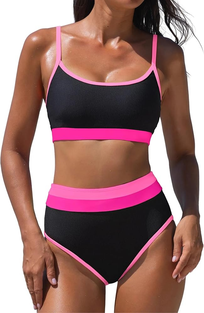 popvil Neon Two Piece Swimsuit for Women 2026 High Waisted Bikini Sets Sporty Ribbed Color Block ... | Amazon (US)
