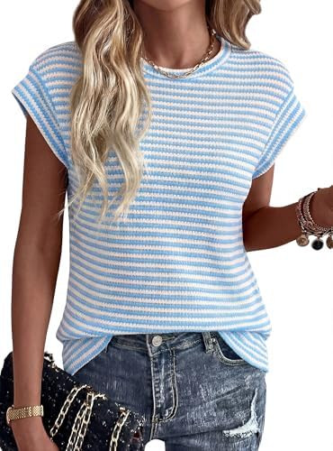 PRETTYGARDEN Women's 2026 Spring Vest Tops Cap Sleeve Striped Shirt Knit Tank Top Summer Beach Va... | Amazon (US)