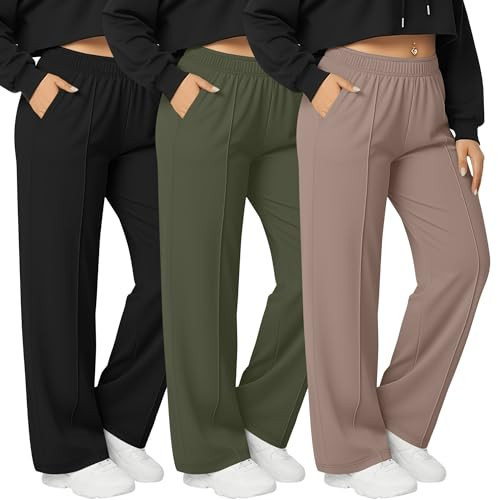 Neer 3 Pack Women's Plus Size Sweatpants, Wide Leg Lounge Pants Elastic Waist Baggy Pant with Pockets Casual Loose Fit Bottom(Black, Army Green, Khaki,4X-Large) | Amazon (US)