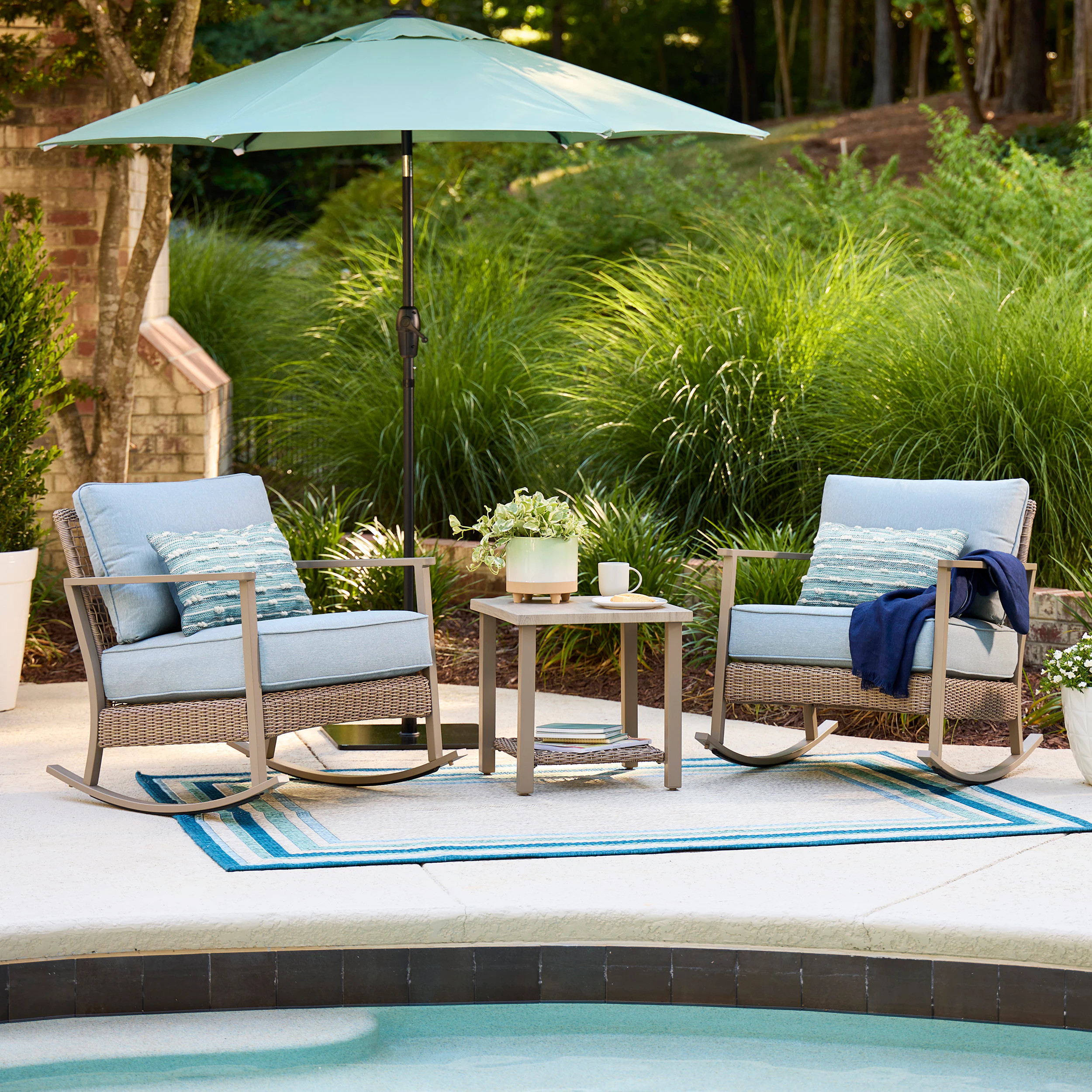 allen + roth Ivy Meadows 3 -Piece Wicker Patio Conversation Set with Blue Cushions Included one_size | FRS81358BR | Lowe's