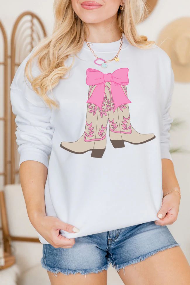 Boots and Bow White Oversized Graphic Sweatshirt | Pink Lily