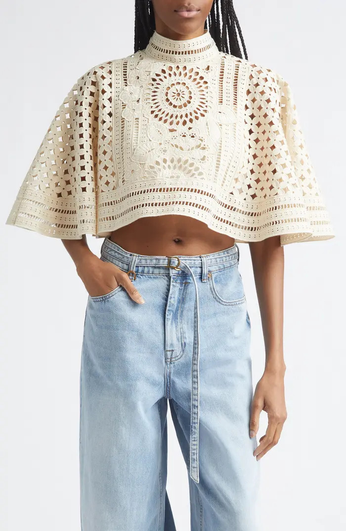 Indra Crop Embroidered Cotton Eyelet Cape | Nordstrom