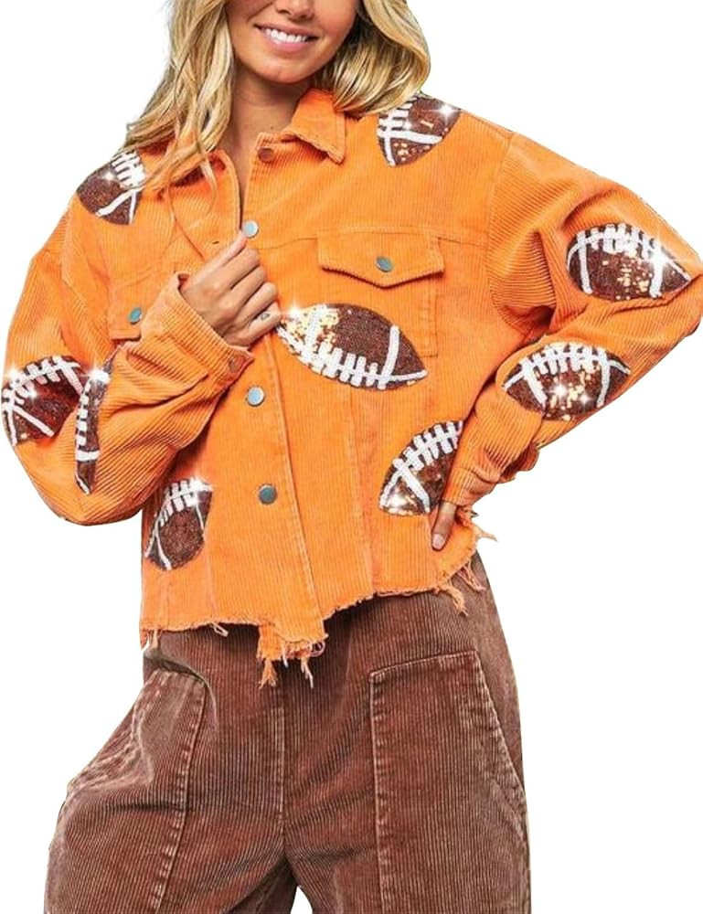 happlan Football Sequin Embroidery Rugby Cropped Frayed Hem Vintage Washed Corduroy Jacket Coat S... | Amazon (US)
