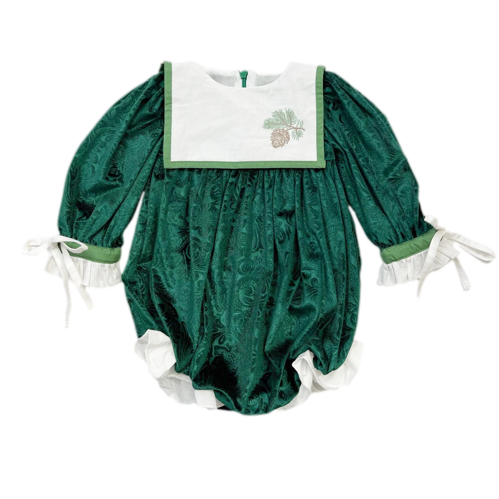 Everly Damask Green Velour Romper | petite maison kids