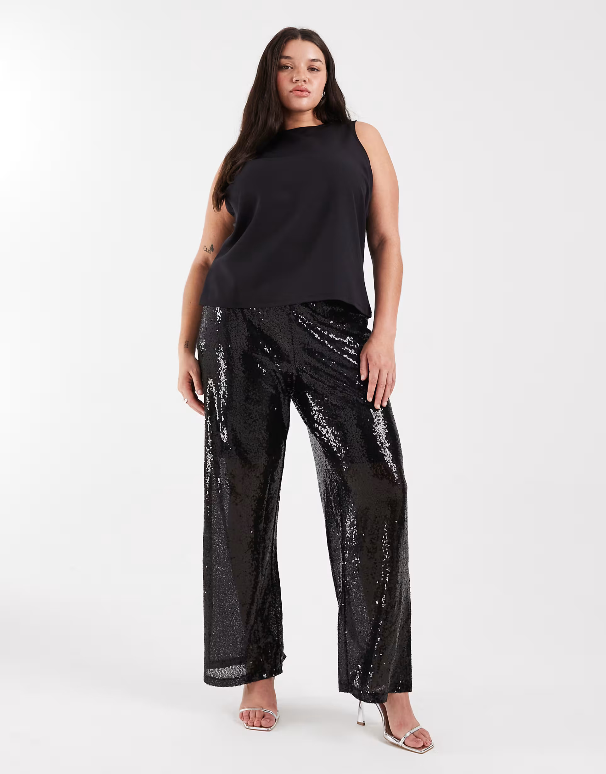 ONLY Curve high waist pull on sequins trousers in black | ASOS (Global)