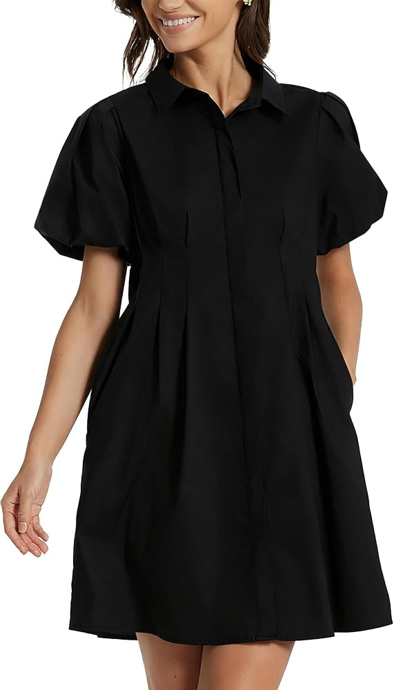 D-Sun Women's Short Puff Sleeve Shirt Dress Button Down Pleated Mini Dress Casual Short Dresses | Amazon (US)