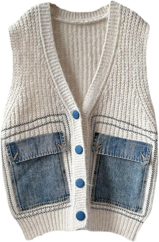 FindThy Women’s Oversized Sweater Vest Casual Denim Patchwork V-Neck Button Down Sleeveless Kni... | Amazon (US)