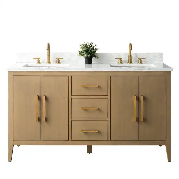 Vanity Art 60" Double Sink Bathroom Vanity Cabinet with Engineered Marble Top - Bed Bath & Beyond... | Bed Bath & Beyond