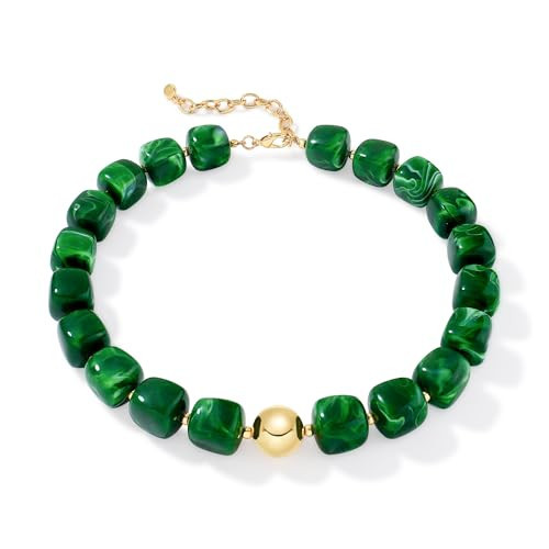 MYCUTEY Chunky Green Beaded Necklace for Women Boho Statement Necklace Adjustable Gold Chain Choker with Green Resin Square Beads Summer Bead Jewelry for Casual & Beach Wear | Amazon (US)