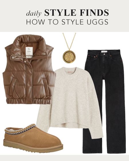 How to style black jeans, faux leather puffer vest, Uggs and Comfy Fall Sweater for Fall Fashion Style. #uggs #fallstyle #over40style #over40fashion #dailyfinds #outfitguide #comfyoutfit #falloutfit 

#LTKstyletip #LTKshoecrush #LTKover40