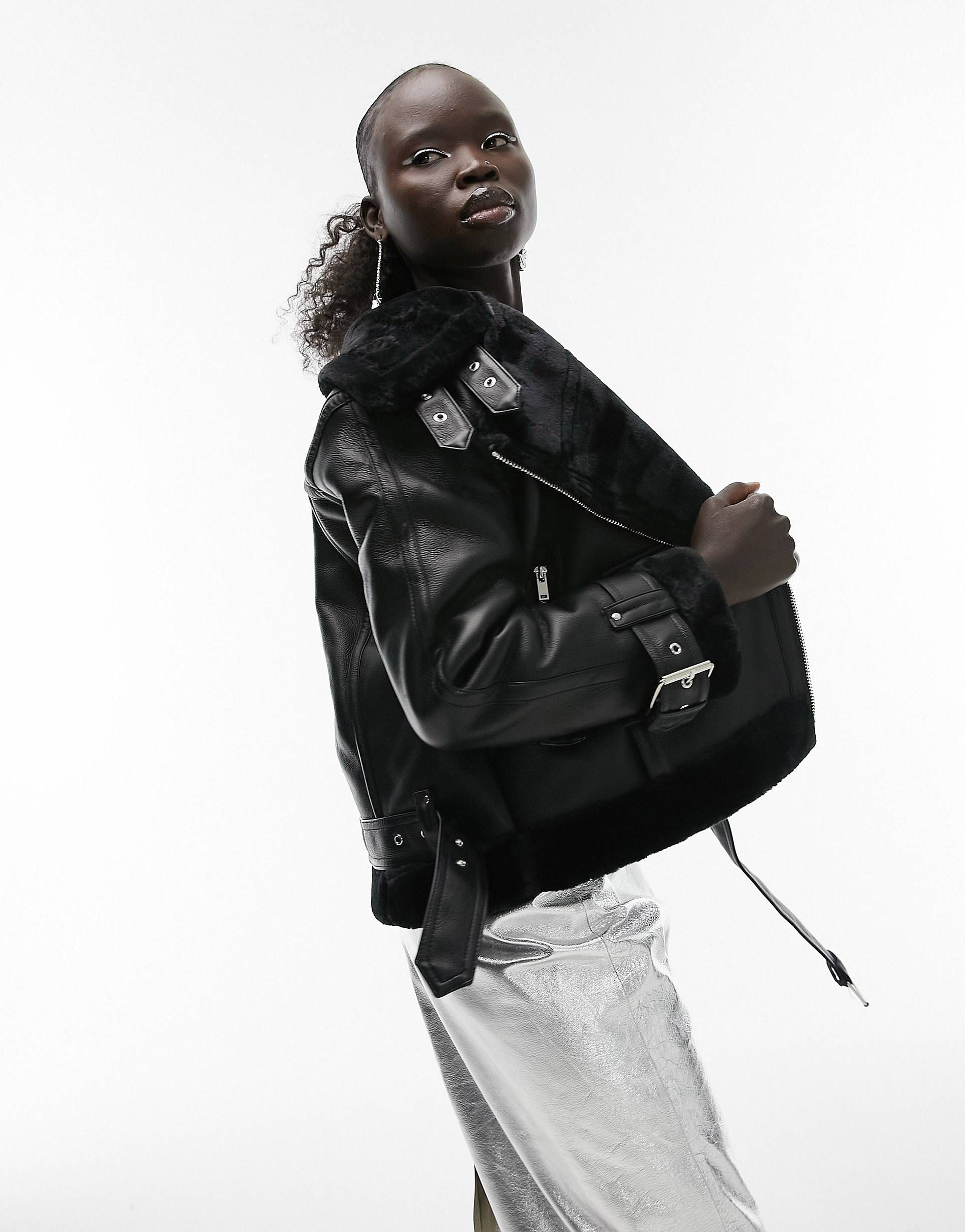 Topshop Petite faux leather shearling aviator moto jacket in black | ASOS (Global)