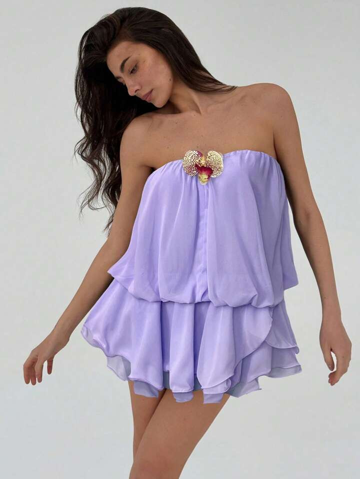 Aloruh Women's Cute Sexy Chiffon Bandeau Super Mini Casual Dress, Suitable For Holiday | SHEIN