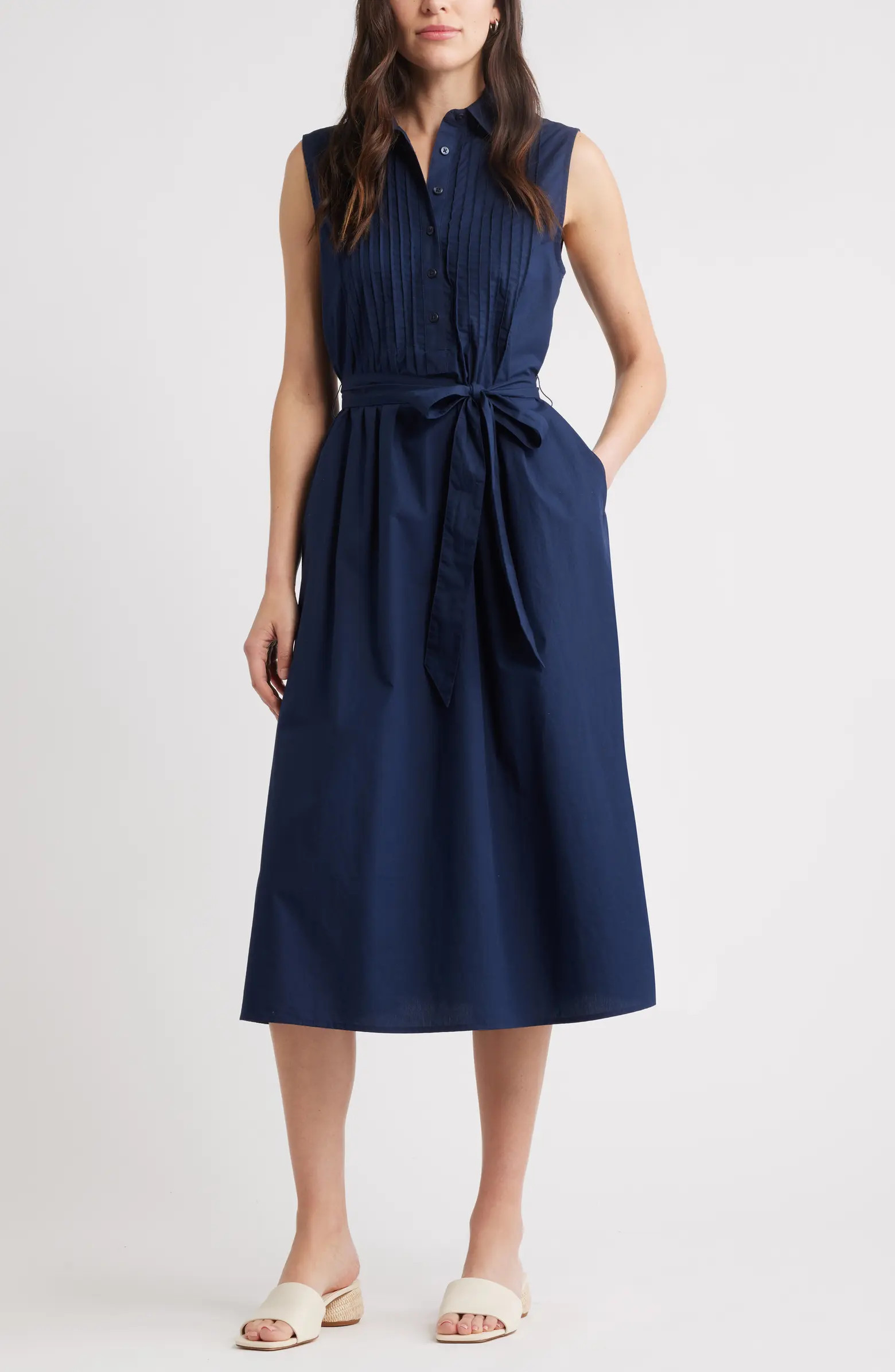 Pintuck Sleeveless Cotton Poplin Shirtdress | Nordstrom