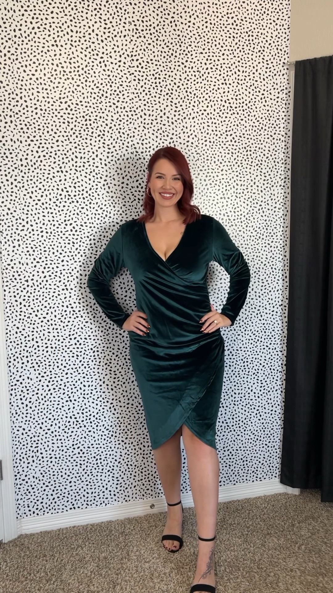 Green long sleeve, velvet holiday wrap dress! 😍🎄 such a stunning dress for all the holiday events! It’s so soft and comfortable to wear. Has stretch and is true to size. I am wearing a large.

#LTKSeasonal #LTKMidsize #LTKHoliday