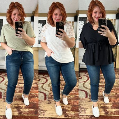 Size 12 in each Spring top , flutter sleeve tops, lace top, peplum tops, plus size spring outfits - use code Nicoles15 at Checkout 
Size 16 in the elastic waist pull on jeans 

#LTKplussize #LTKfindsunder50 #LTKover40