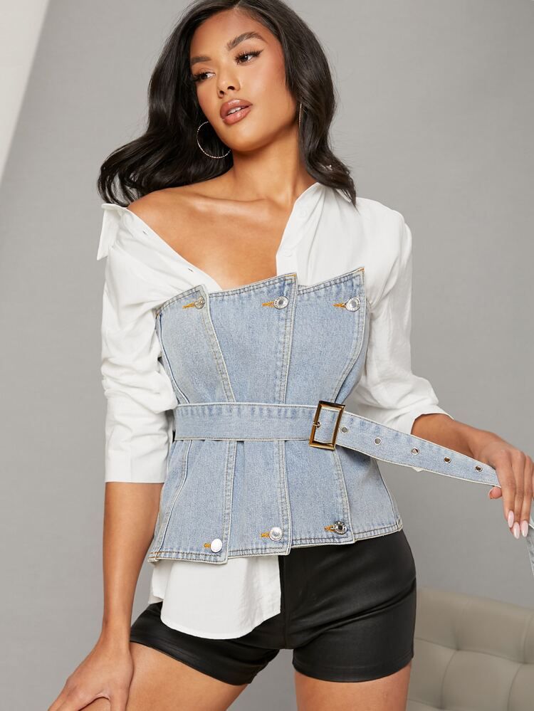 Button Front Buckle Belted Denim Top With Blouse | SHEIN