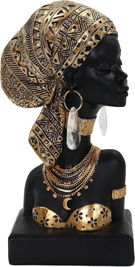 African Lady Bust Sculpture with Golden Headwrap – Resin Figurine with Earrings and Necklace, M... | Amazon (US)