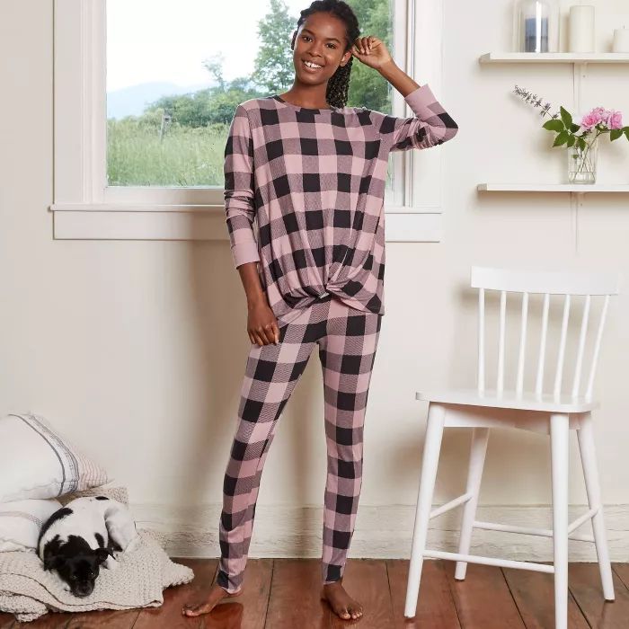Women's Buffalo Check Cozy Long Sleeve Top and Leggings Pajama Set - Stars Above™ Pink | Target