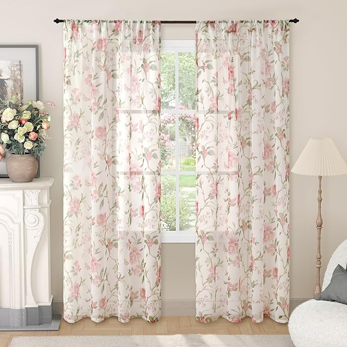 Floral Sheer Curtains for Girls Bedroom, Vintage Farmhouse Light Filtering Privacy Semi-Sheer Lin... | Amazon (US)