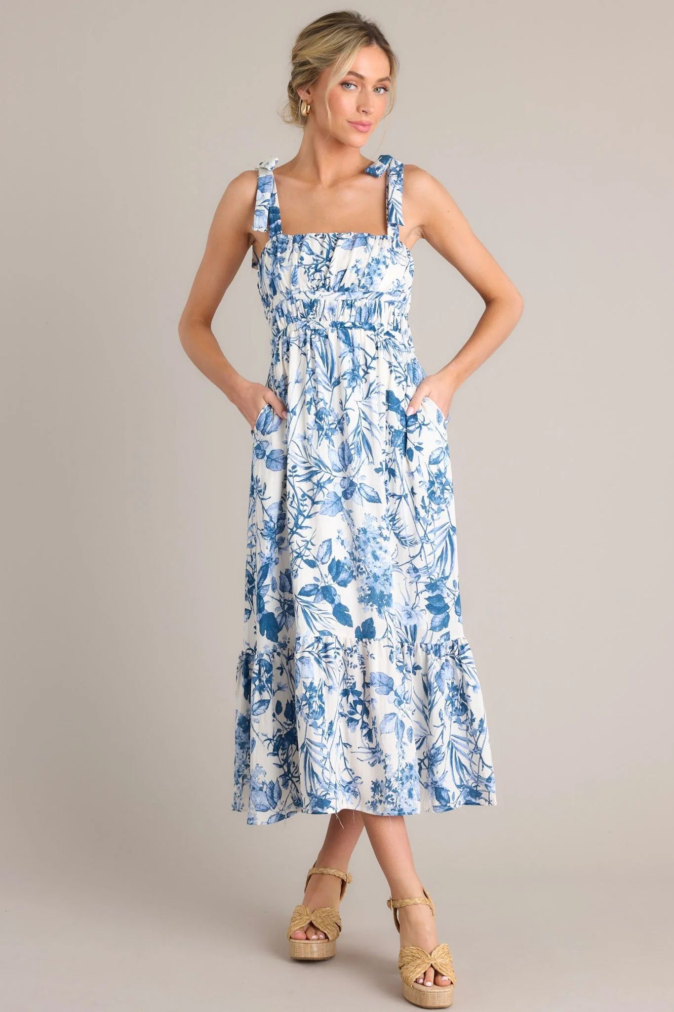 Meadow Muse White & Blue Floral Midi Dress | Red Dress