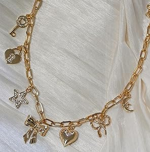 Gold Charm Necklaces for Women, 18K Gold Plated Bow Pendant Necklace Gold Heart Chain Aesthetic S... | Amazon (US)