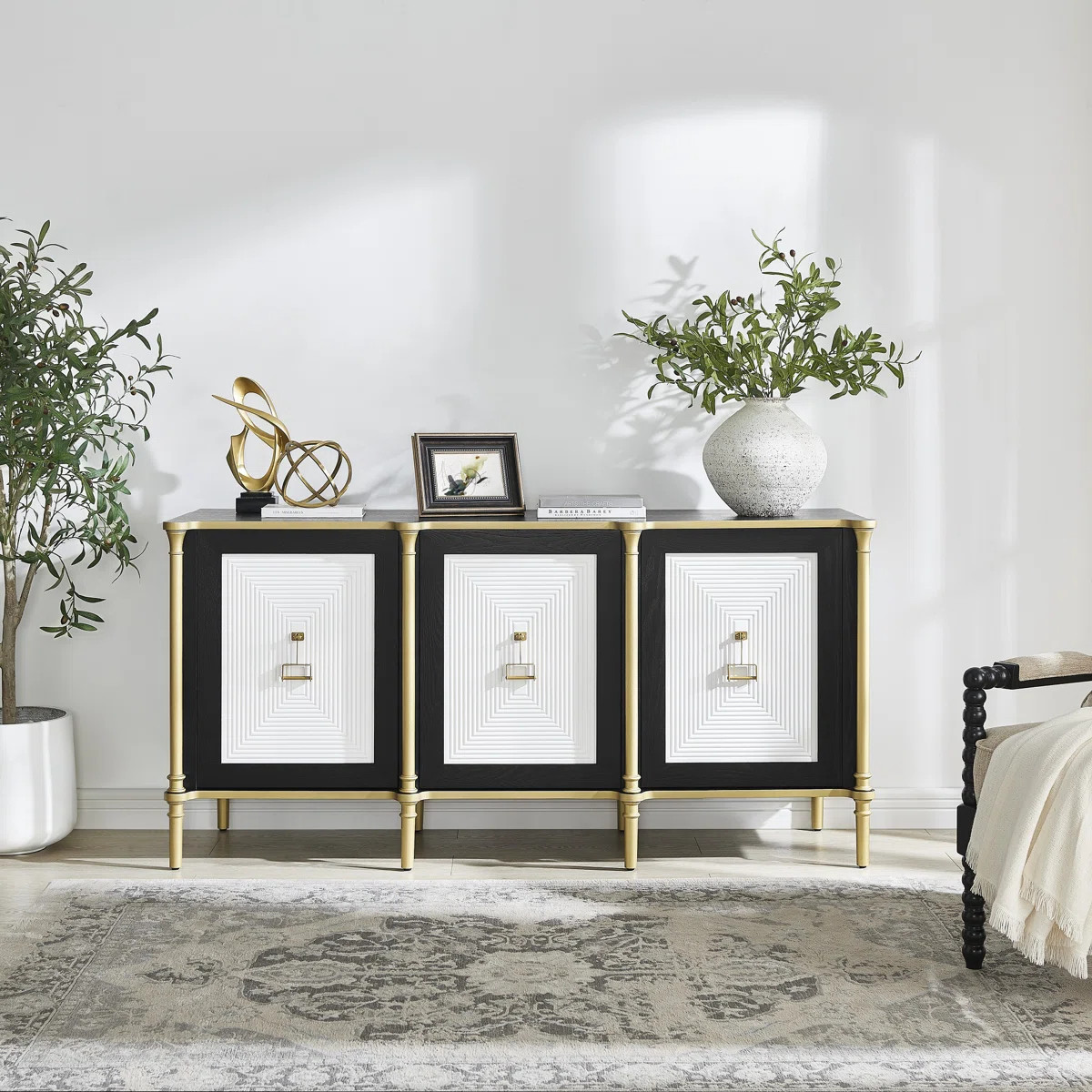 Black Textured Storage Cabinet with Gold Accents & White Finish | Wayfair North America