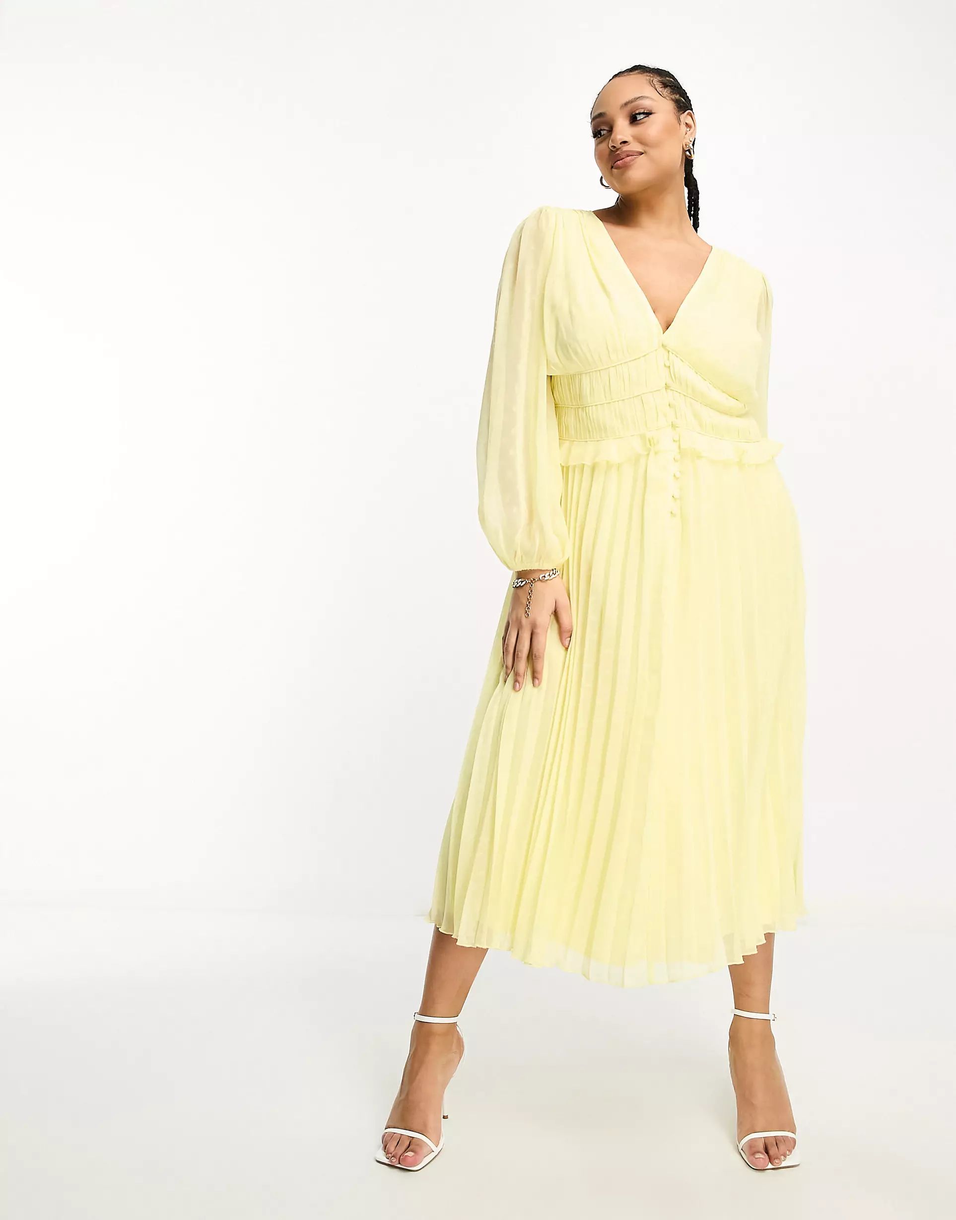 ASOS DESIGN Curve button through ruched waist pleated midi dress in metallic dobby in pastel yell... | ASOS (Global)